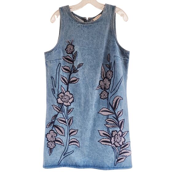 Vintage Y2K LOFT Floral Embroidered Denim Shift Dress sz Medium Midi Cottage - Picture 1 of 5